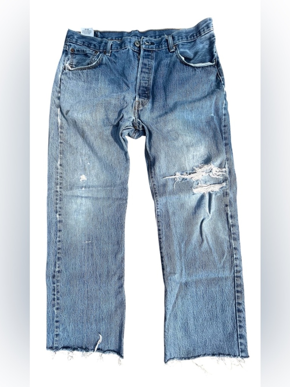 Levi's 501 Straight Fit Destroyed Button Fly Raw Hem Altered Length **Flaws**